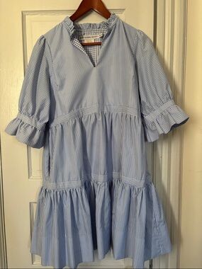Gretchen Scott Designs Blue & White Pinstripe Ruffle Tiered Mini Dress